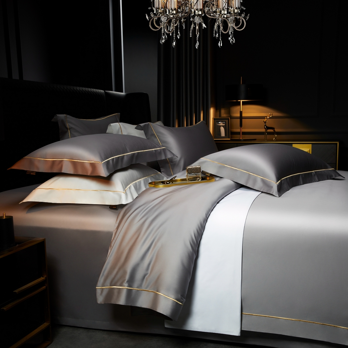 91家纺网 家纺一手货源 找家纺 米多多 2025新款CR天雪工艺100支长绒棉纯棉刺绣宽边四件套 雅士灰