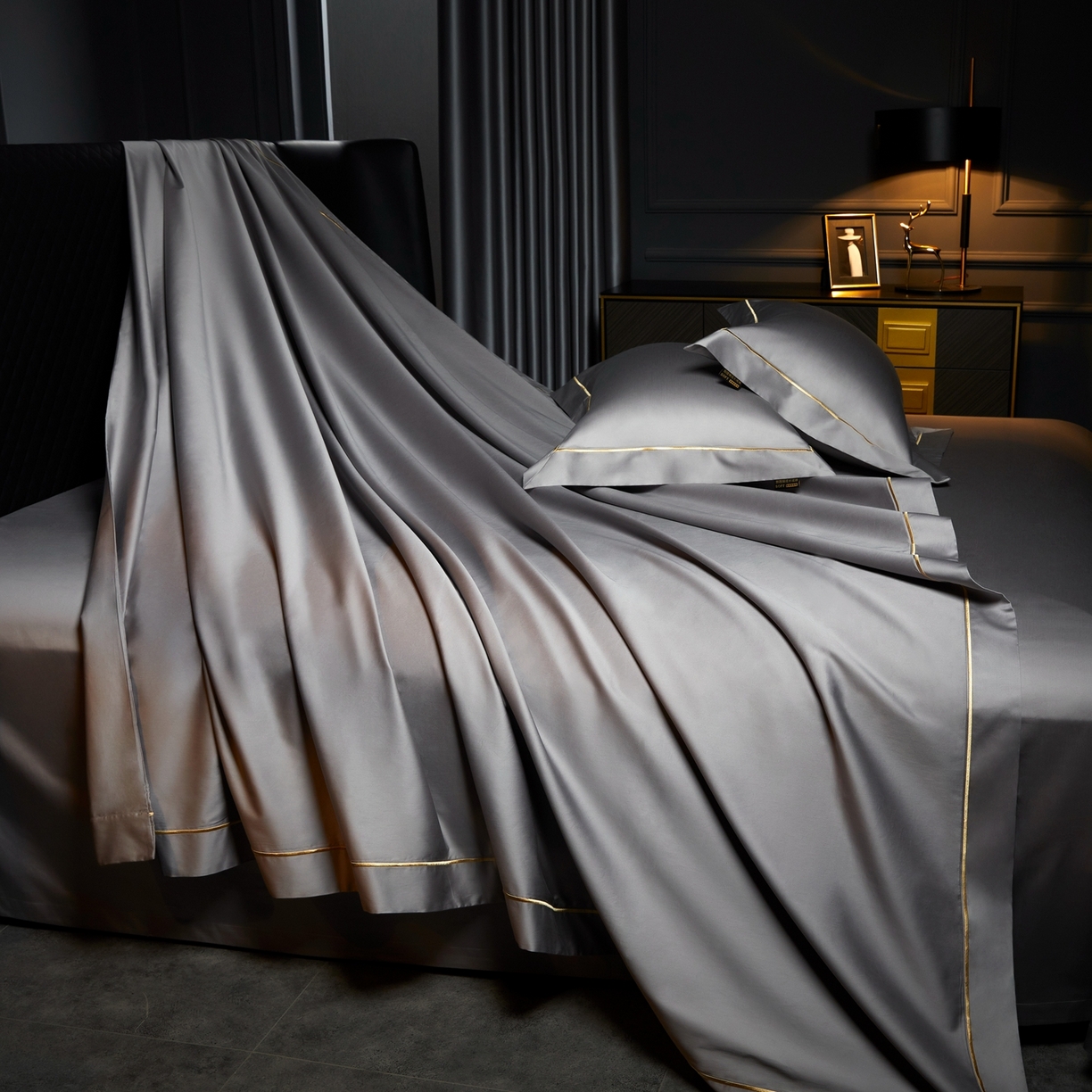 91家纺网 家纺一手货源 找家纺 米多多 2025新款CR天雪工艺100支长绒棉纯棉刺绣宽边四件套 雅士灰