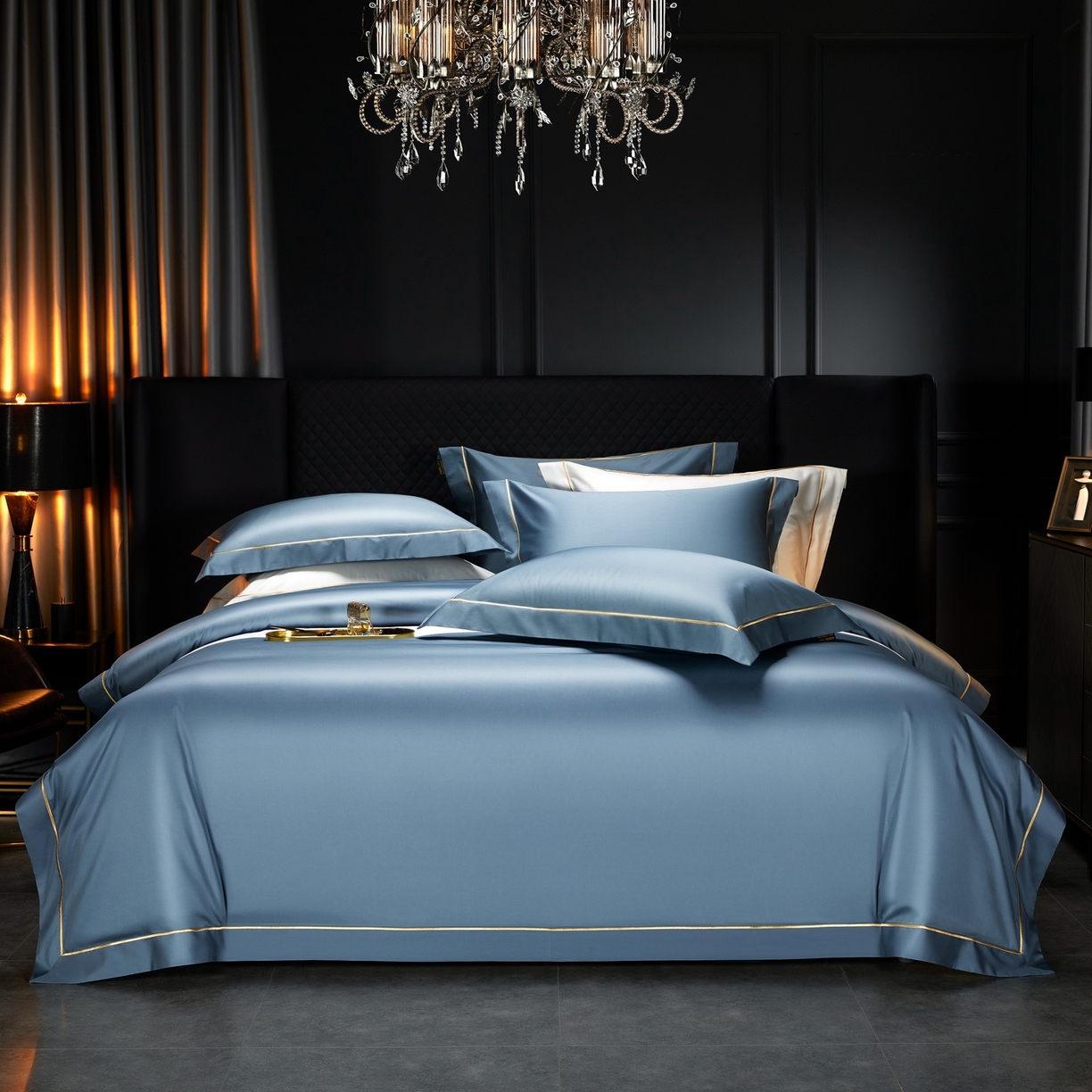 米多多 2025新款CR天雪工艺100支长绒棉纯棉刺绣宽边四件套 烟灰蓝