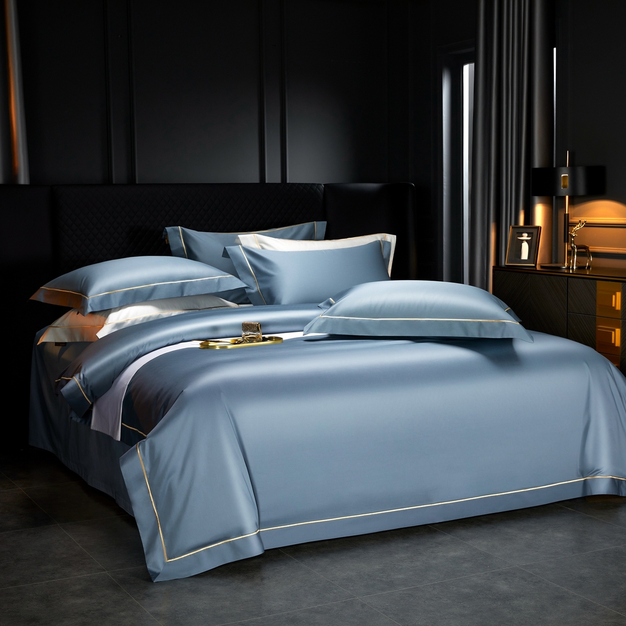 91家纺网 家纺一手货源 找家纺 米多多 2025新款CR天雪工艺100支长绒棉纯棉刺绣宽边四件套 烟灰蓝