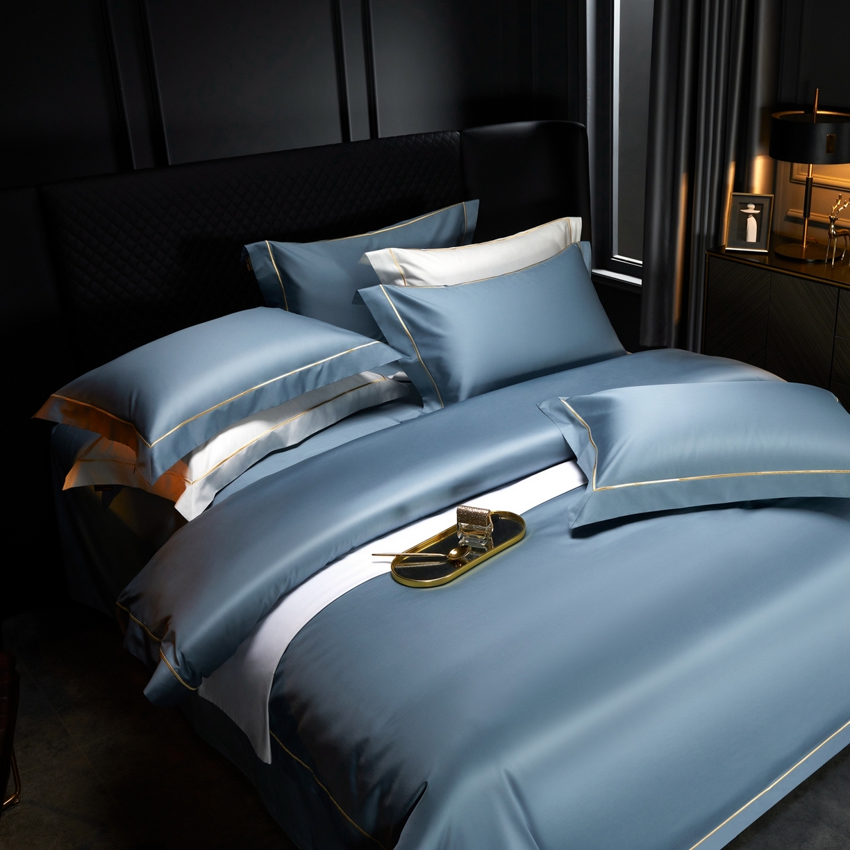 91家纺网 家纺一手货源 找家纺 米多多 2025新款CR天雪工艺100支长绒棉纯棉刺绣宽边四件套 烟灰蓝