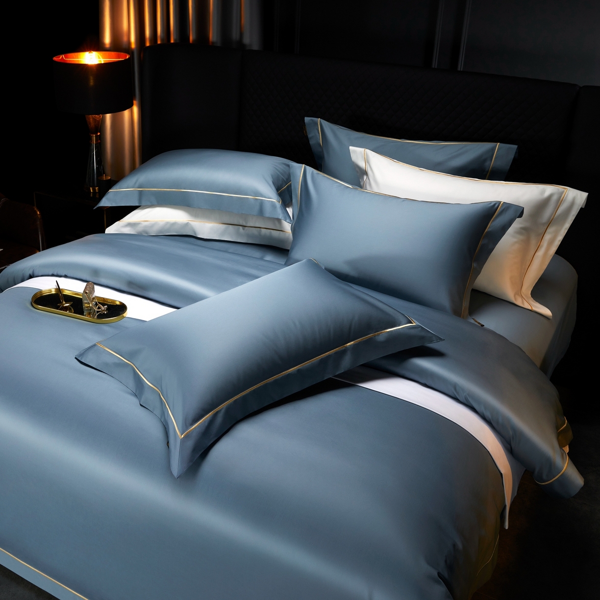 91家纺网 家纺一手货源 找家纺 米多多 2025新款CR天雪工艺100支长绒棉纯棉刺绣宽边四件套 烟灰蓝