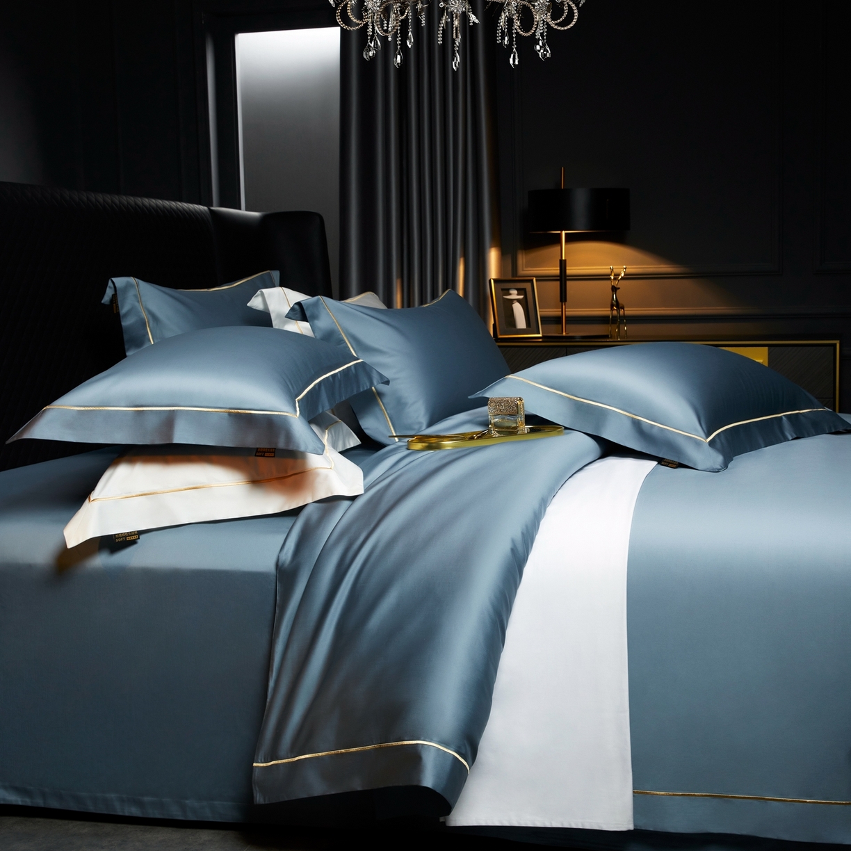 91家纺网 家纺一手货源 找家纺 米多多 2025新款CR天雪工艺100支长绒棉纯棉刺绣宽边四件套 烟灰蓝