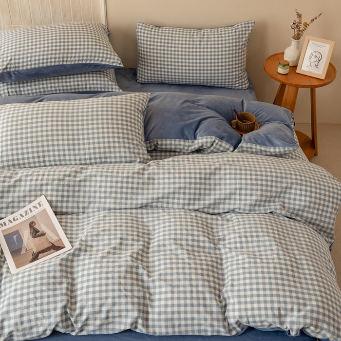 91家纺网 家纺一手货源 找家纺 雯雨家纺 全棉纯棉加牛奶绒宝宝绒一面棉一面绒四件套 棉绒-蓝小格