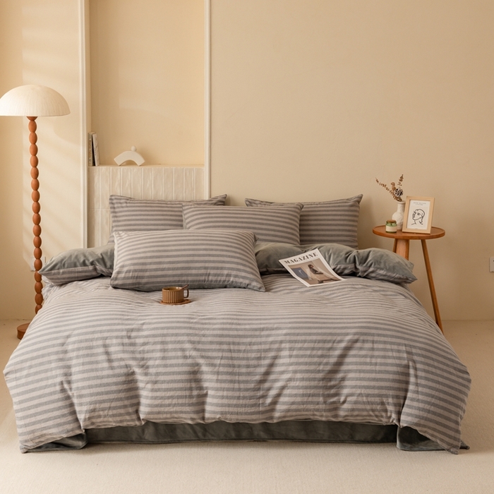 91家纺网 家纺一手货源 找家纺 雯雨家纺 全棉纯棉加牛奶绒宝宝绒一面棉一面绒四件套 棉绒-布林灰