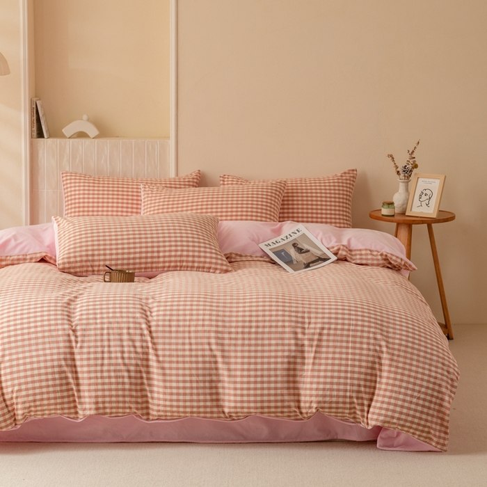 91家纺网 家纺一手货源 找家纺 雯雨家纺 全棉纯棉加牛奶绒宝宝绒一面棉一面绒四件套 棉绒-粉小格