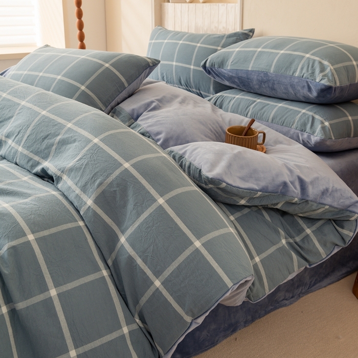 91家纺网 家纺一手货源 找家纺 雯雨家纺 全棉纯棉加牛奶绒宝宝绒一面棉一面绒四件套 棉绒-海蓝格