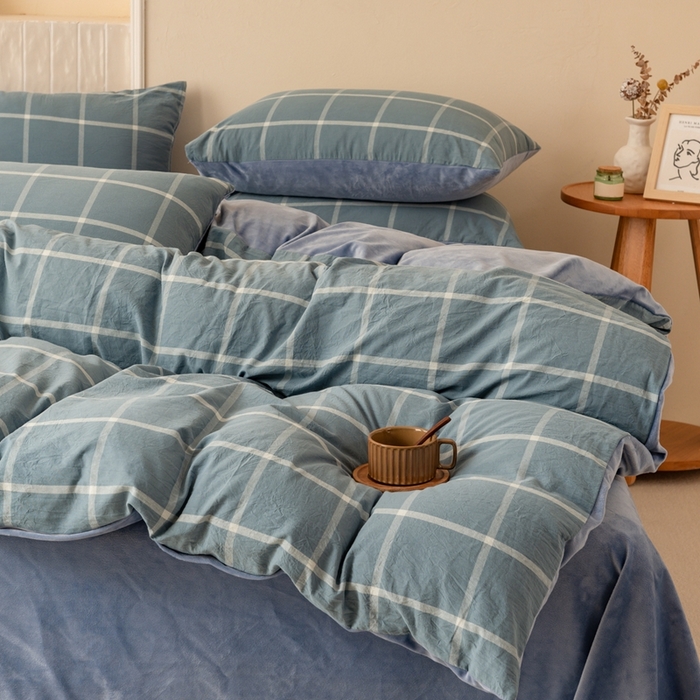 91家纺网 家纺一手货源 找家纺 雯雨家纺 全棉纯棉加牛奶绒宝宝绒一面棉一面绒四件套 棉绒-海蓝格