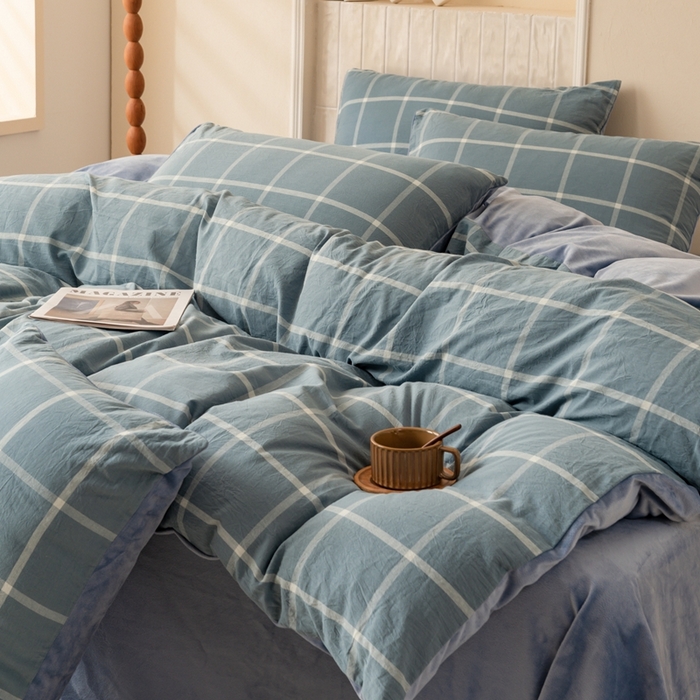 91家纺网 家纺一手货源 找家纺 雯雨家纺 全棉纯棉加牛奶绒宝宝绒一面棉一面绒四件套 棉绒-海蓝格