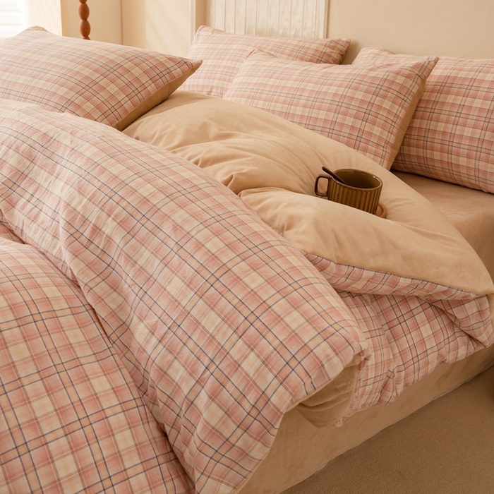 雯雨家纺 全棉纯棉加牛奶绒宝宝绒一面棉一面绒四件套 棉绒-凯利咖