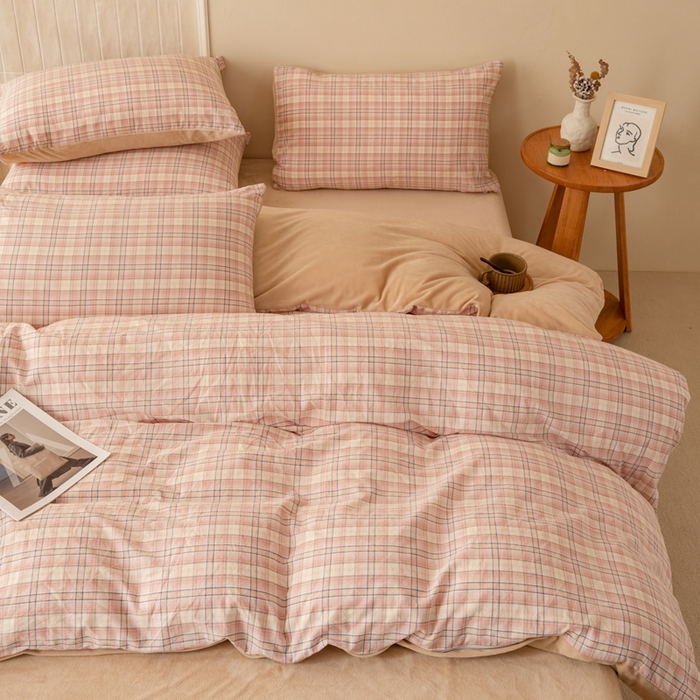 91家纺网 家纺一手货源 找家纺 雯雨家纺 全棉纯棉加牛奶绒宝宝绒一面棉一面绒四件套 棉绒-凯利咖