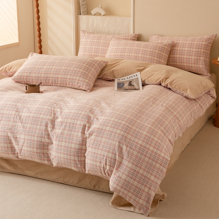 91家纺网 家纺一手货源 找家纺 雯雨家纺 全棉纯棉加牛奶绒宝宝绒一面棉一面绒四件套 棉绒-凯利咖