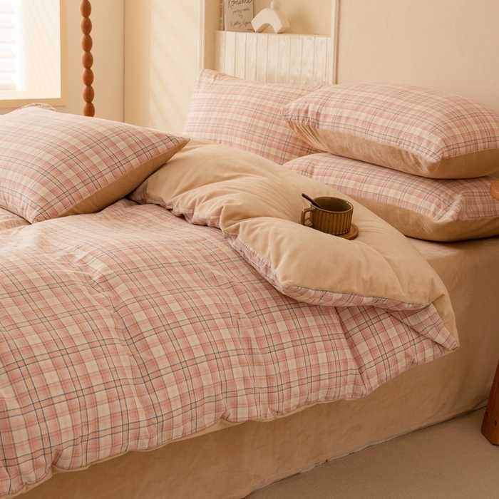 91家纺网 家纺一手货源 找家纺 雯雨家纺 全棉纯棉加牛奶绒宝宝绒一面棉一面绒四件套 棉绒-凯利咖