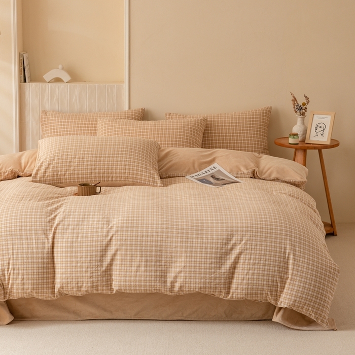 91家纺网 家纺一手货源 找家纺 雯雨家纺 全棉纯棉加牛奶绒宝宝绒一面棉一面绒四件套 棉绒-西蒙咖