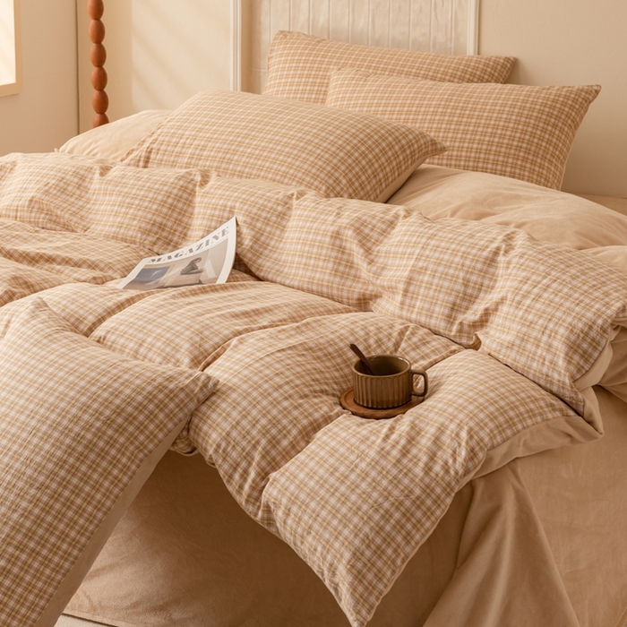 91家纺网 家纺一手货源 找家纺 雯雨家纺 全棉纯棉加牛奶绒宝宝绒一面棉一面绒四件套 棉绒-西蒙咖