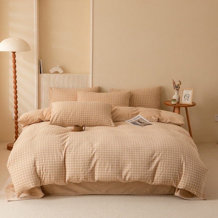 91家纺网 家纺一手货源 找家纺 雯雨家纺 全棉纯棉加牛奶绒宝宝绒一面棉一面绒四件套 棉绒-西蒙咖