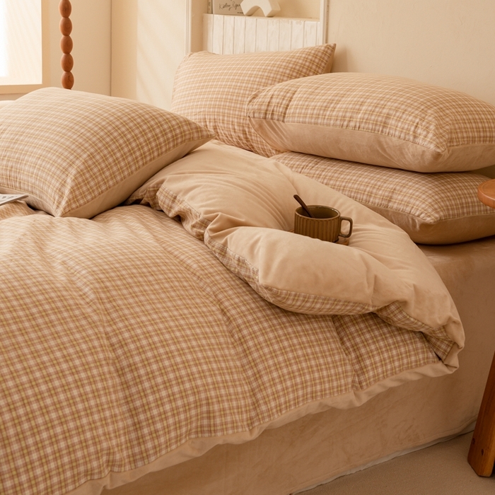 91家纺网 家纺一手货源 找家纺 雯雨家纺 全棉纯棉加牛奶绒宝宝绒一面棉一面绒四件套 棉绒-西蒙咖