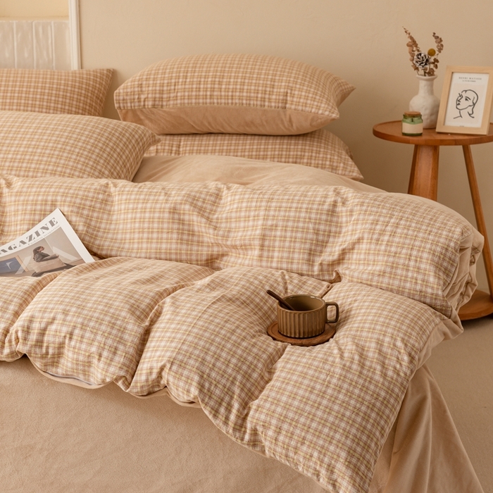 91家纺网 家纺一手货源 找家纺 雯雨家纺 全棉纯棉加牛奶绒宝宝绒一面棉一面绒四件套 棉绒-西蒙咖