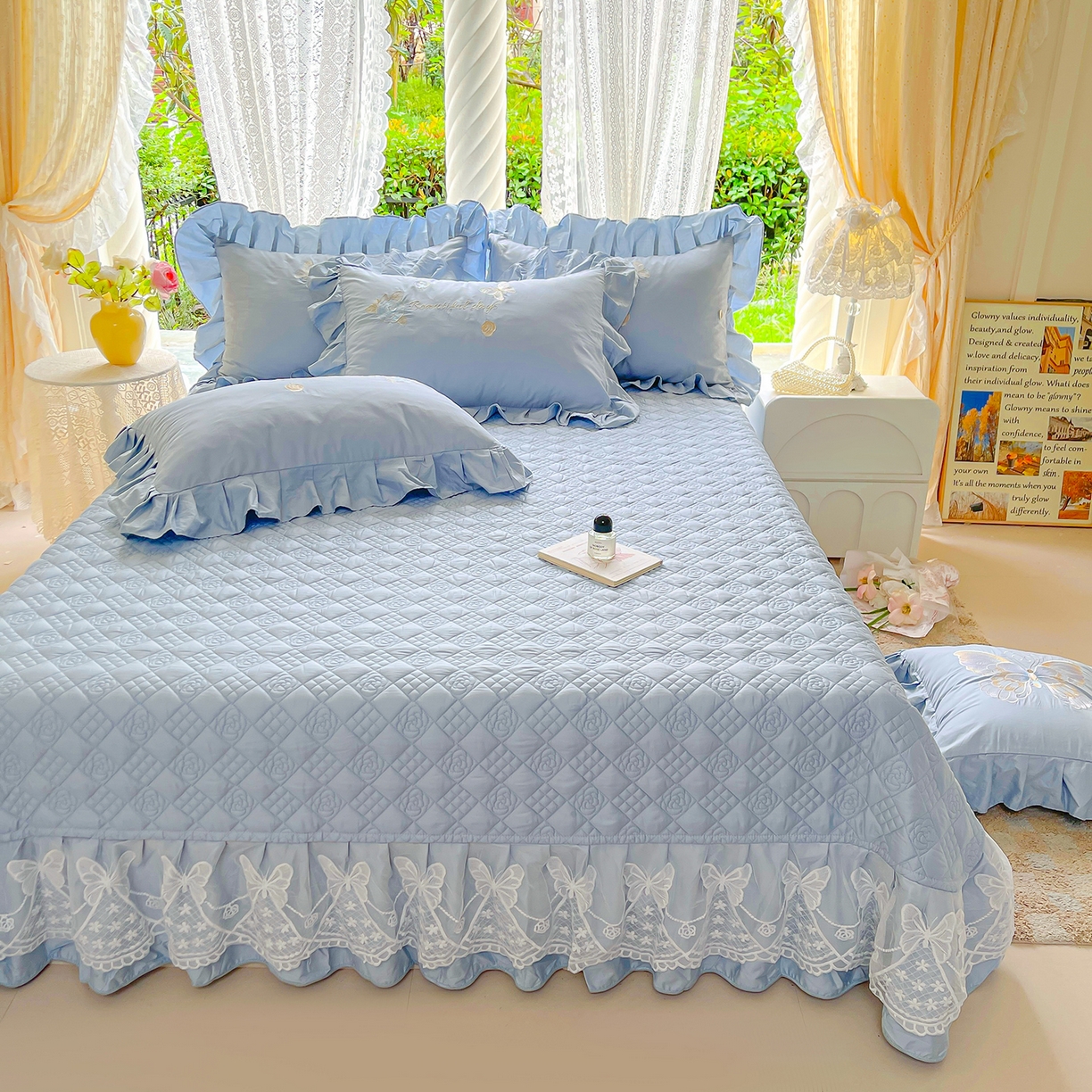 91家纺网 家纺一手货源 找家纺 （总）宜凡家纺 2025新款长绒棉绣花夹棉床盖四件套--蝶恋笙花系列