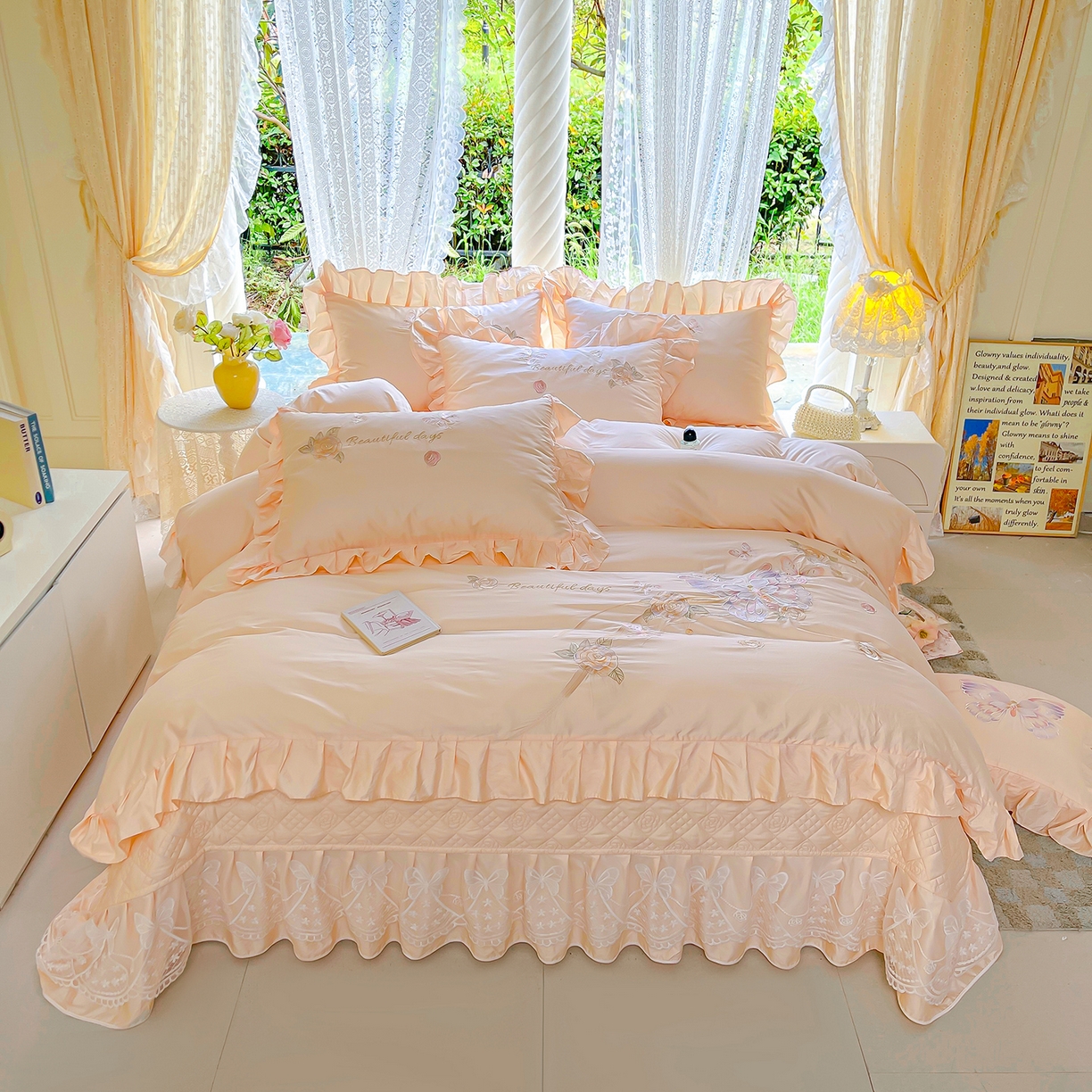 91家纺网 家纺一手货源 找家纺 宜凡家纺 2025新款长绒棉绣花夹棉床盖四件套--蝶恋笙花系列 蝶恋笙花 芙蓉玉