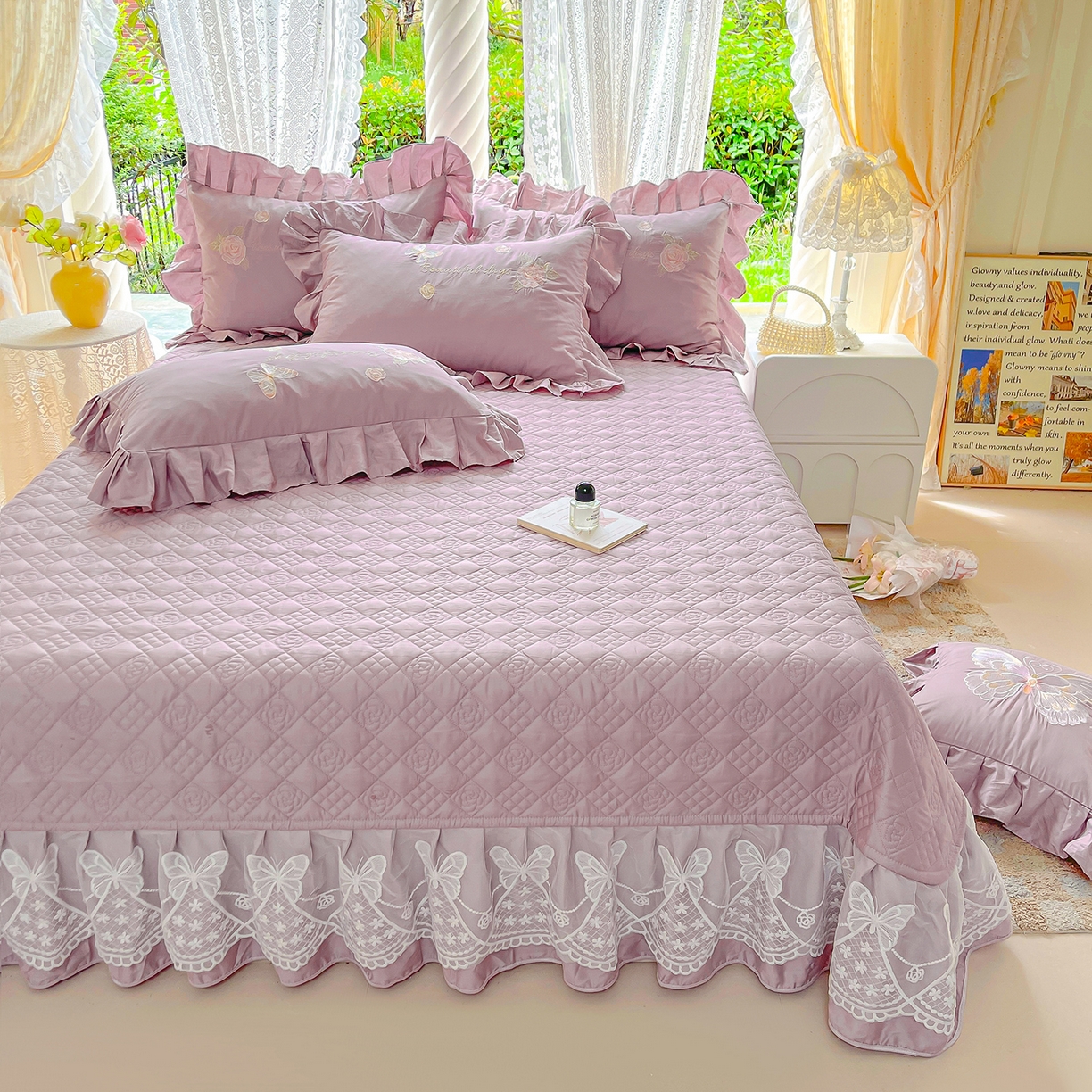 91家纺网 家纺一手货源 找家纺 宜凡家纺 2025新款长绒棉绣花夹棉床盖四件套--蝶恋笙花系列 蝶恋笙花 罗兰紫