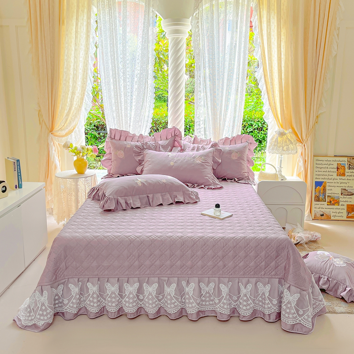 91家纺网 家纺一手货源 找家纺 宜凡家纺 2025新款长绒棉绣花夹棉床盖四件套--蝶恋笙花系列 蝶恋笙花 罗兰紫