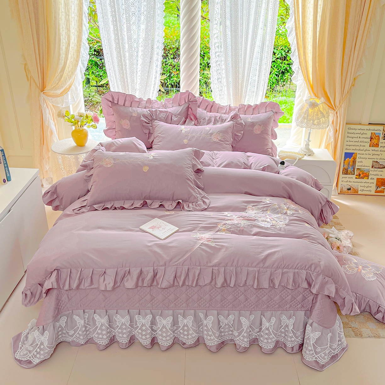 91家纺网 家纺一手货源 找家纺 宜凡家纺 2025新款长绒棉绣花夹棉床盖四件套--蝶恋笙花系列 蝶恋笙花 罗兰紫