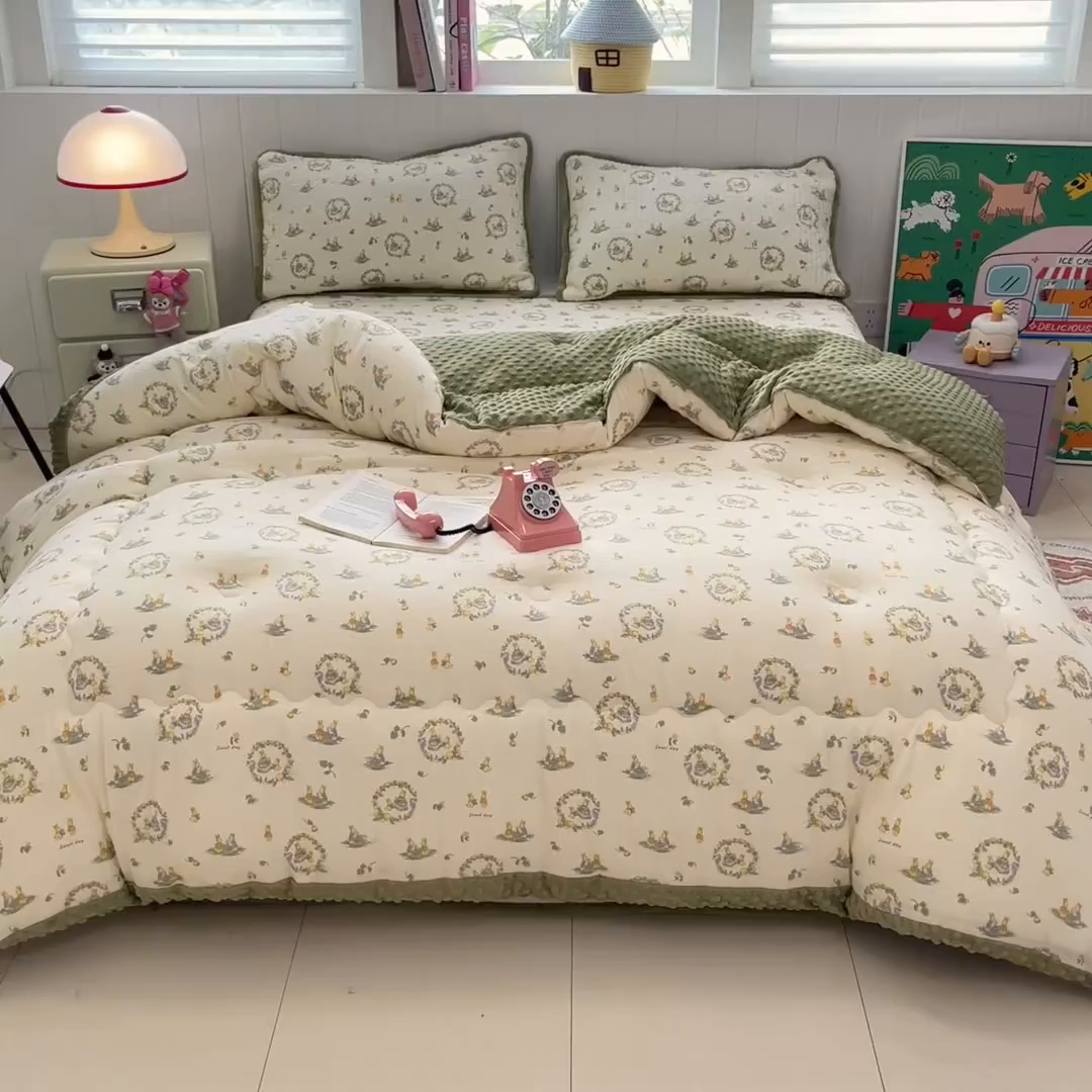 91家纺网 家纺一手货源 找家纺 贝扬思家纺 2025新款云感双层纱ins少女心可爱系加厚豆豆被床盖暖梦系列（小红书推荐） 田园兔