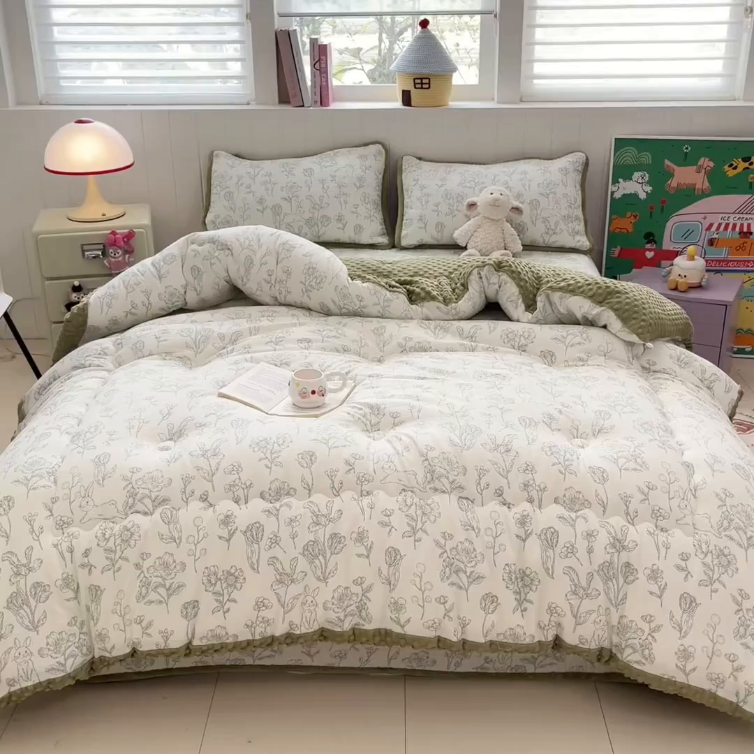 91家纺网 家纺一手货源 找家纺 贝扬思家纺 2025新款云感双层纱ins少女心可爱系加厚豆豆被床盖暖梦系列（小红书推荐） 线条兔