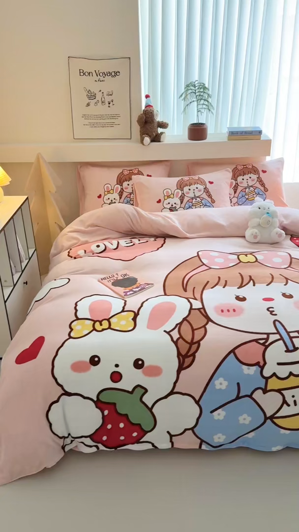 91家纺网 家纺一手货源 找家纺 （总）女子家纺 2025新款加厚牛奶绒大版卡通印花四件套