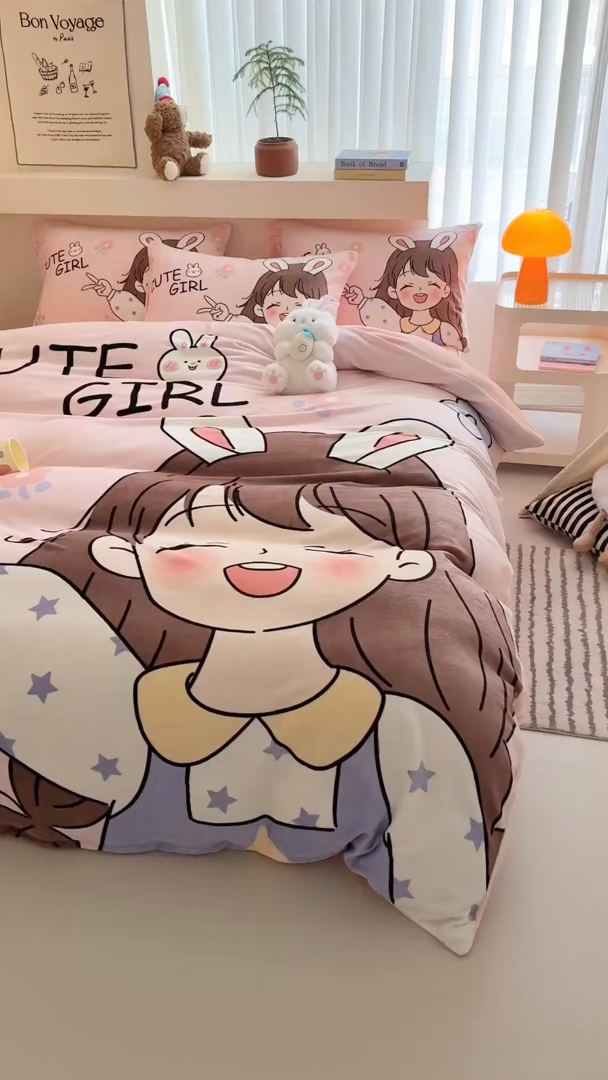 91家纺网 家纺一手货源 找家纺 （总）女子家纺 2025新款加厚牛奶绒大版卡通印花四件套