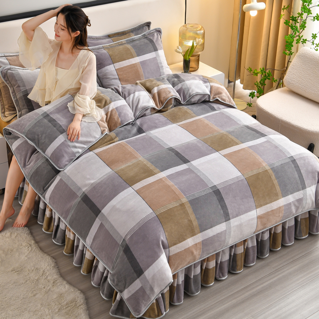 91家纺网 家纺一手货源 找家纺 橘姿家纺 2025新款9-10斤牛奶绒四件套金貂绒四件套 格韵