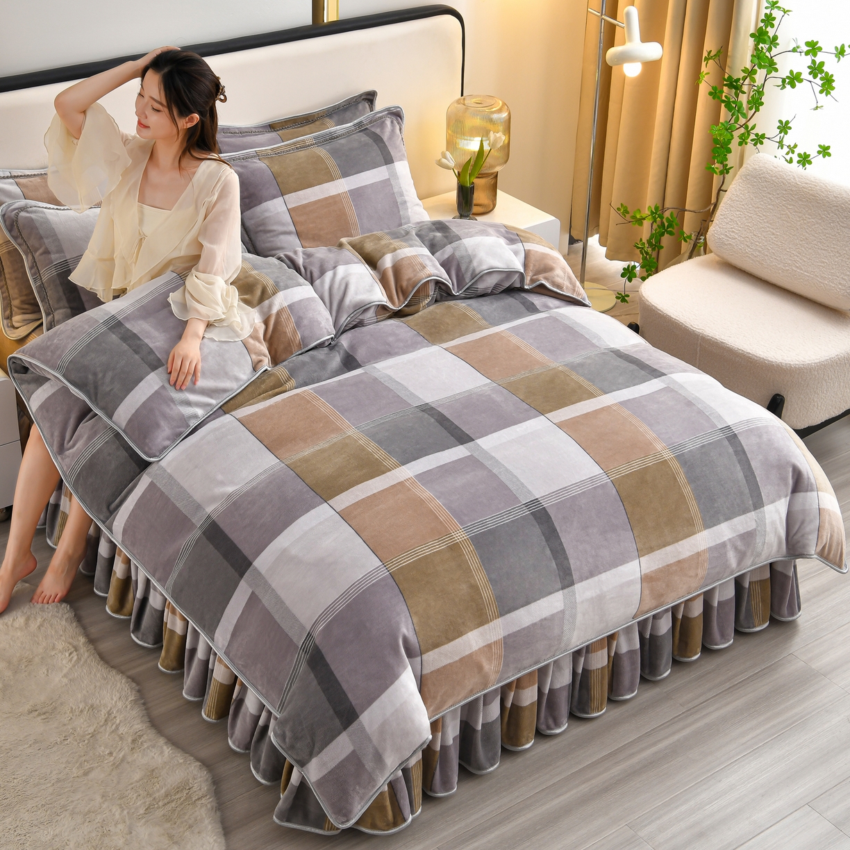 91家纺网 家纺一手货源 找家纺 橘姿家纺 2025新款9-10斤牛奶绒四件套金貂绒四件套 格韵