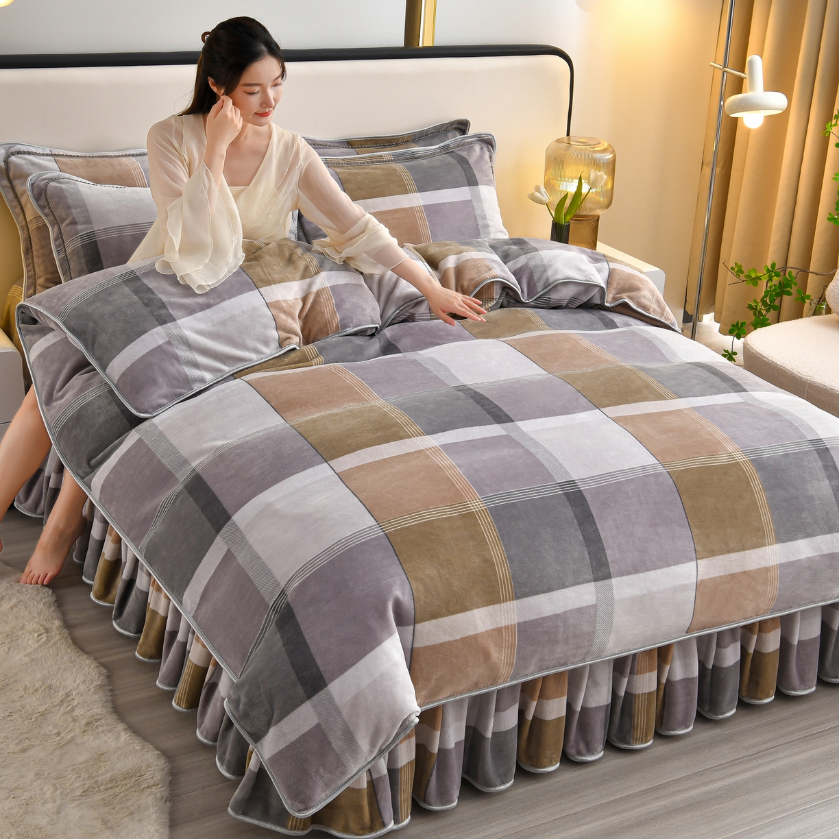 91家纺网 家纺一手货源 找家纺 橘姿家纺 2025新款9-10斤牛奶绒四件套金貂绒四件套 格韵