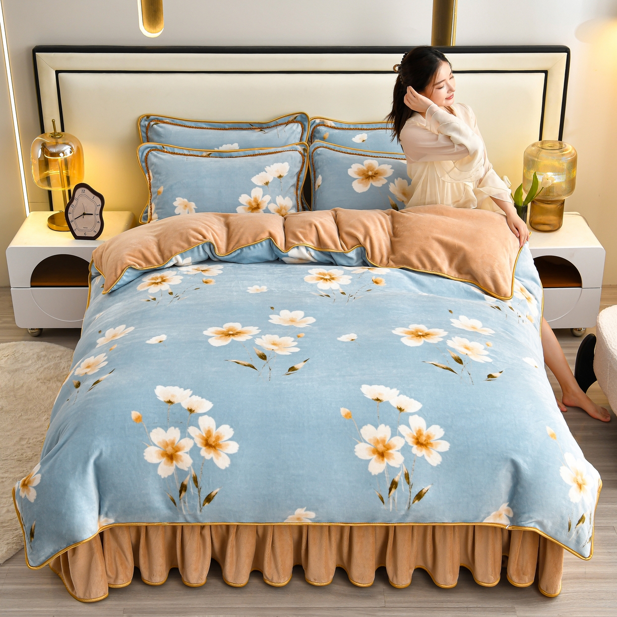 91家纺网 家纺一手货源 找家纺 橘姿家纺 2025新款9-10斤牛奶绒四件套金貂绒四件套 花漾