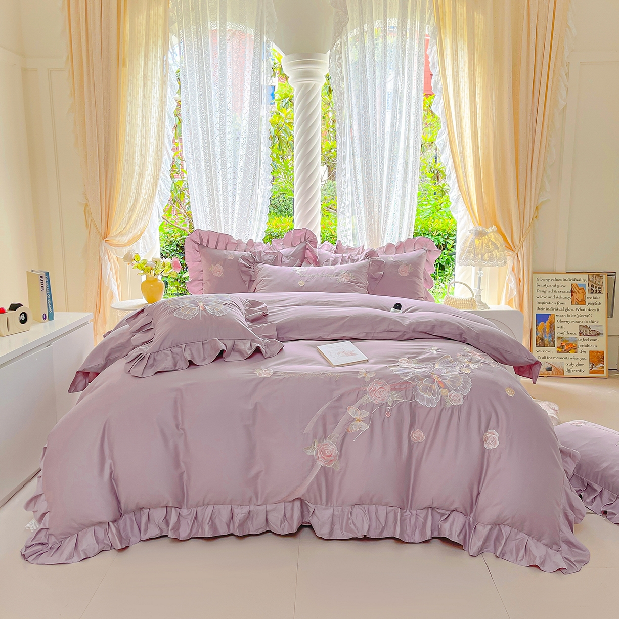 91家纺网 家纺一手货源 找家纺 宜凡家纺 2025新款长绒棉绣花夹棉床盖三件套--蝶恋笙花系列 蝶恋笙花 罗兰紫