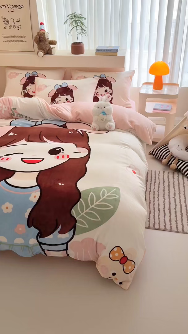 91家纺网 家纺一手货源 找家纺 （总）女子家纺 2025新款加厚牛奶绒大版卡通印花四件套