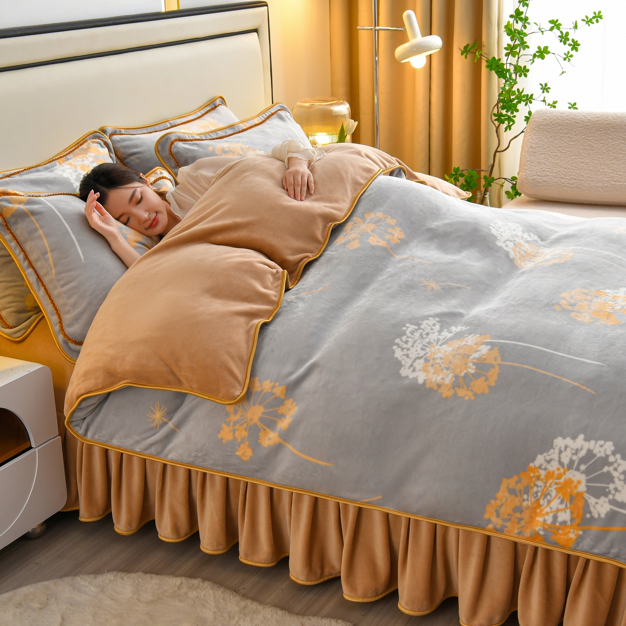 91家纺网 家纺一手货源 找家纺 橘姿家纺 2025新款9-10斤牛奶绒四件套金貂绒四件套 浅爱