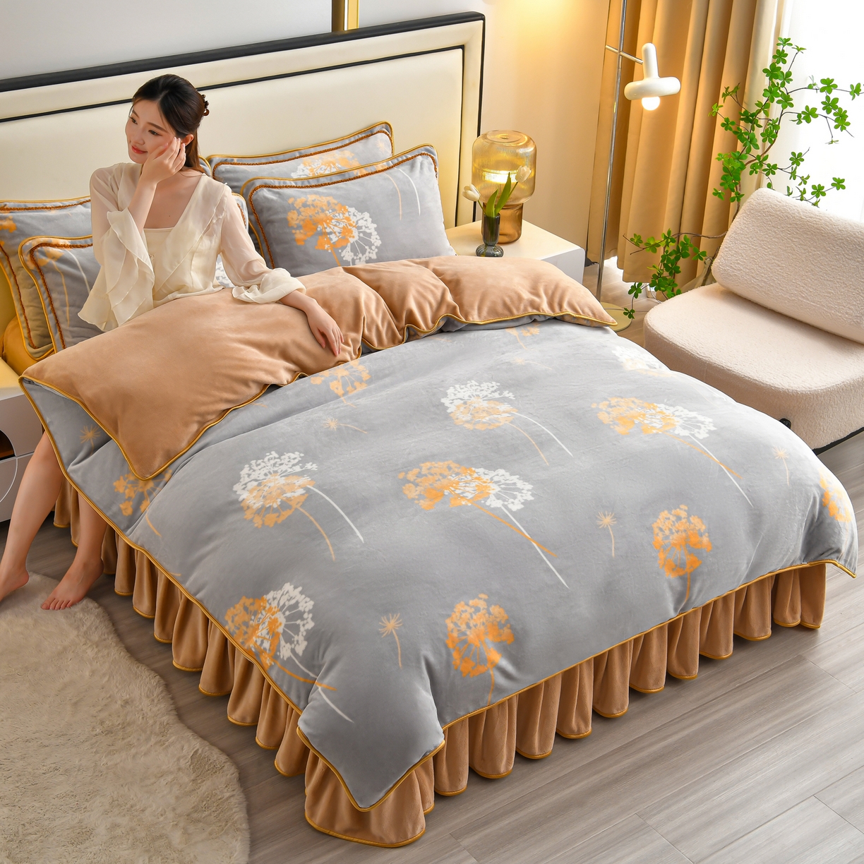 91家纺网 家纺一手货源 找家纺 橘姿家纺 2025新款9-10斤牛奶绒四件套金貂绒四件套 浅爱