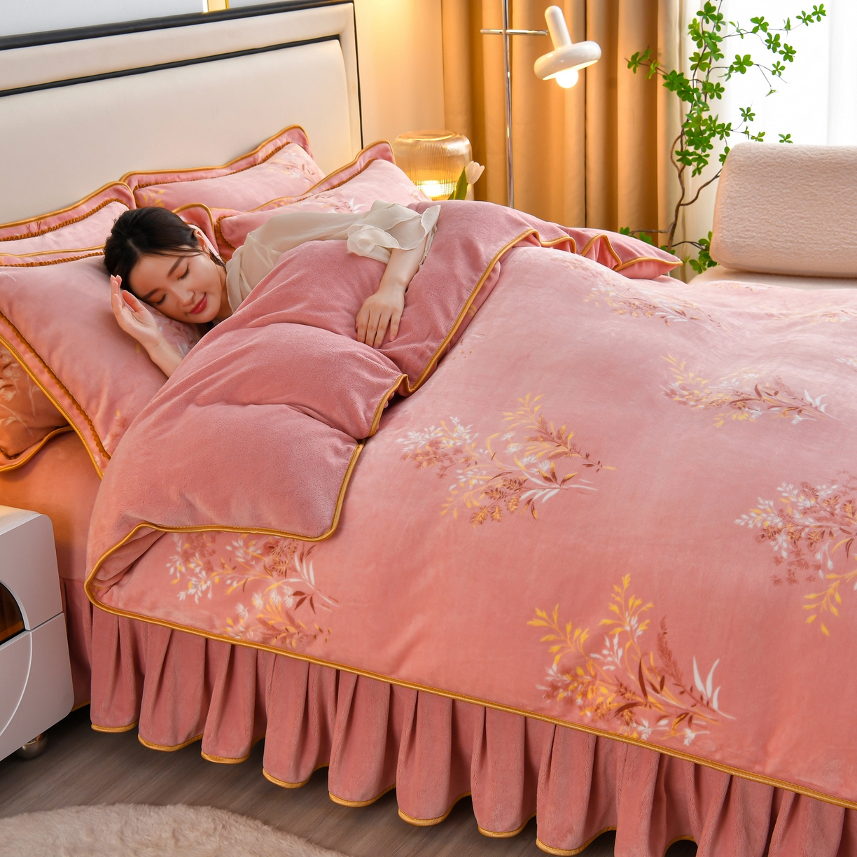 91家纺网 家纺一手货源 找家纺 橘姿家纺 2025新款9-10斤牛奶绒四件套金貂绒四件套 秋意