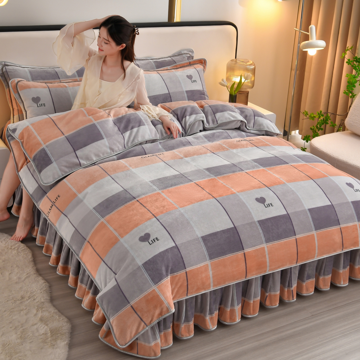 91家纺网 家纺一手货源 找家纺 橘姿家纺 2025新款9-10斤牛奶绒四件套金貂绒四件套 时尚格子