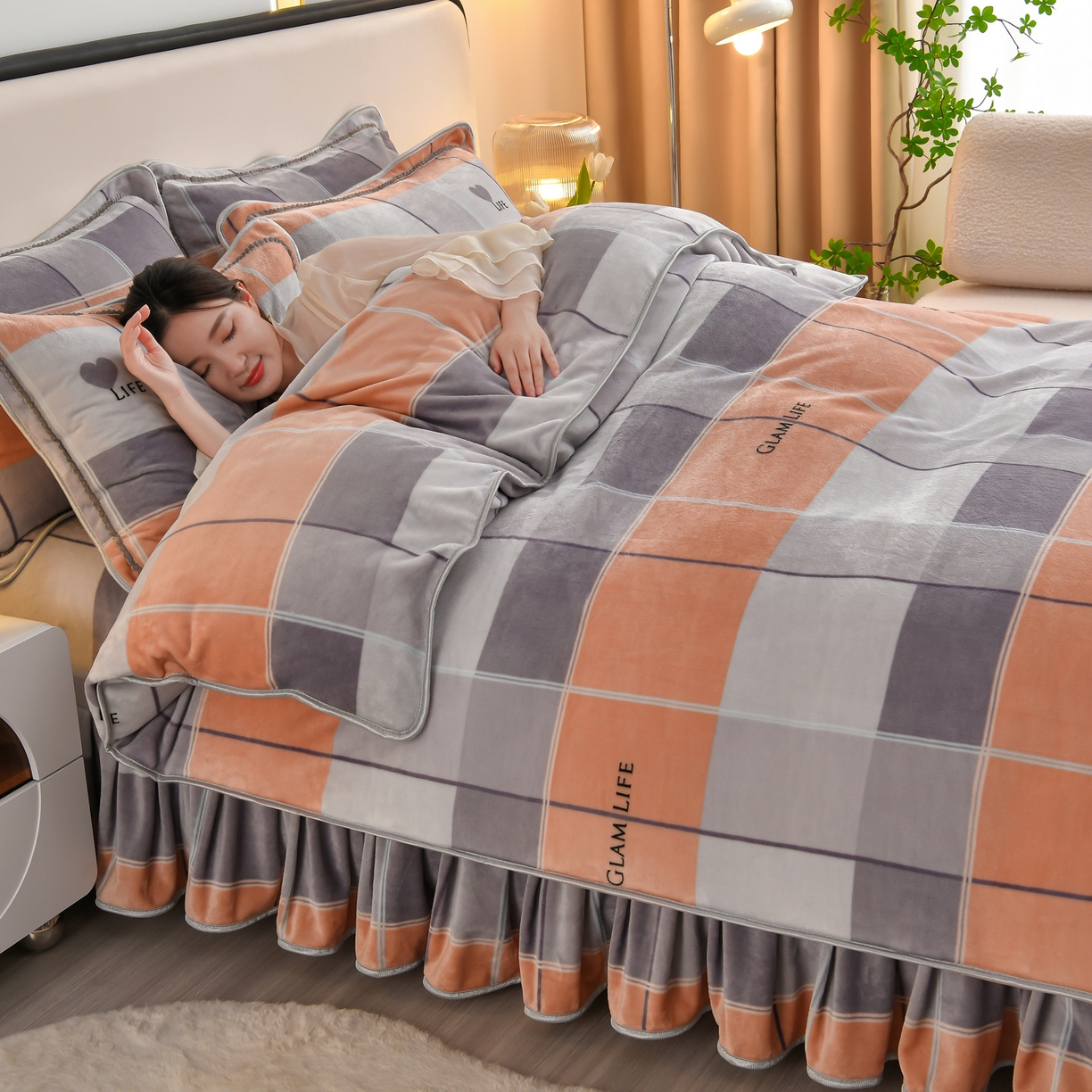 91家纺网 家纺一手货源 找家纺 橘姿家纺 2025新款9-10斤牛奶绒四件套金貂绒四件套 时尚格子