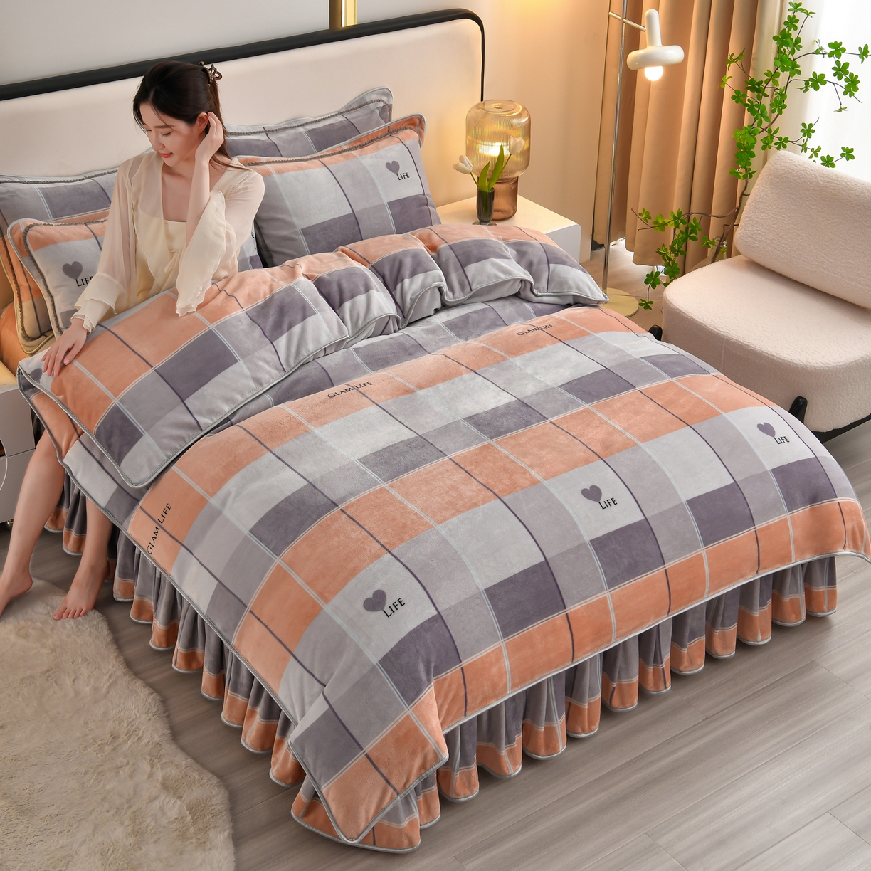 91家纺网 家纺一手货源 找家纺 橘姿家纺 2025新款9-10斤牛奶绒四件套金貂绒四件套 时尚格子