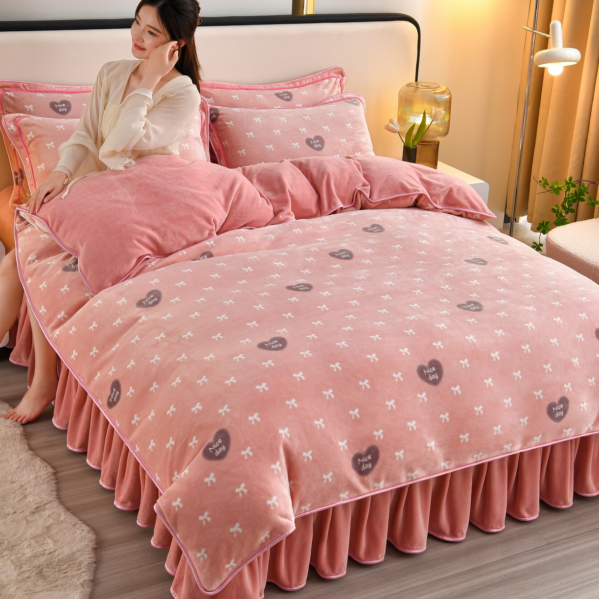 91家纺网 家纺一手货源 找家纺 橘姿家纺 2025新款9-10斤牛奶绒四件套金貂绒四件套 甜心时尚