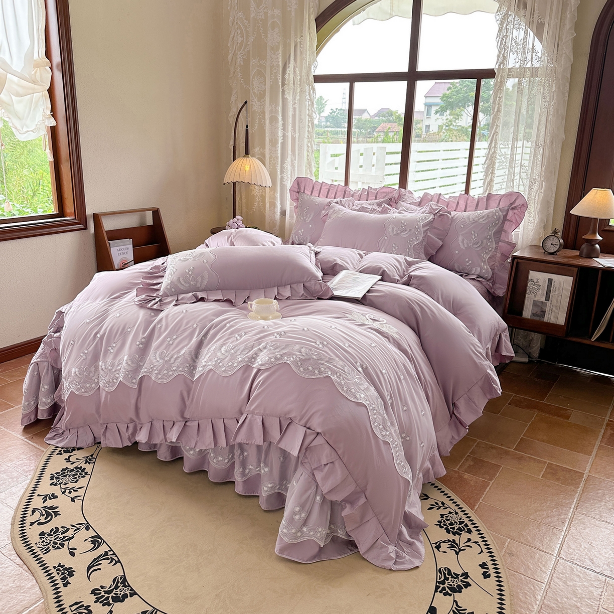91家纺网 家纺一手货源 找家纺 宜凡家纺 2025新款长绒棉绣花夹棉床盖四件套--天鹅之吻系列 天鹅之吻 香芋紫
