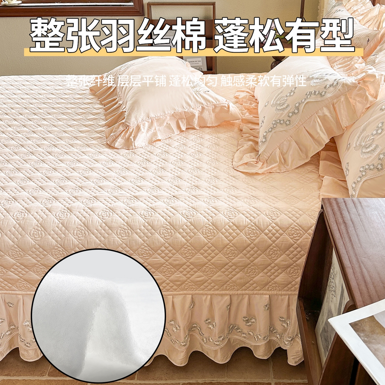 91家纺网 家纺一手货源 找家纺 宜凡家纺 2025新款长绒棉绣花夹棉床盖三件套--天鹅之吻系列 天鹅之吻 奶玉