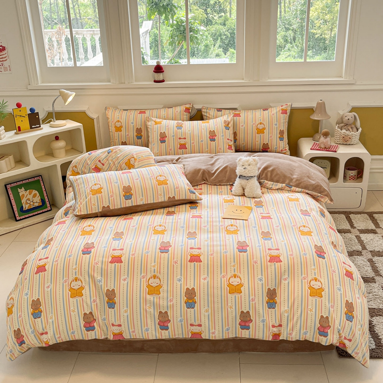 91家纺网 家纺一手货源 找家纺 羚羊语家纺 2025新款灯芯绒 温暖颂系列-印花牛奶绒四件套高克重简约卡通花卉提花加厚保暖床单床笠三件套（买家秀请联系客服!） 温暖颂-宠物乐园