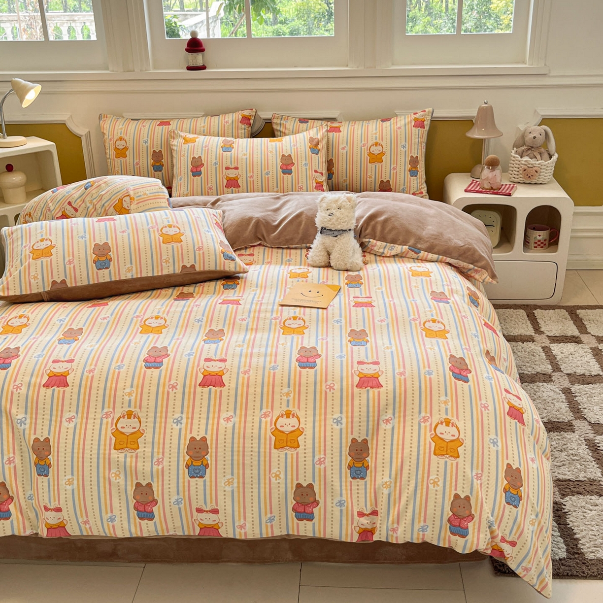 91家纺网 家纺一手货源 找家纺 羚羊语家纺 2025新款灯芯绒 温暖颂系列-印花牛奶绒四件套高克重简约卡通花卉提花加厚保暖床单床笠三件套（买家秀请联系客服!） 温暖颂-宠物乐园