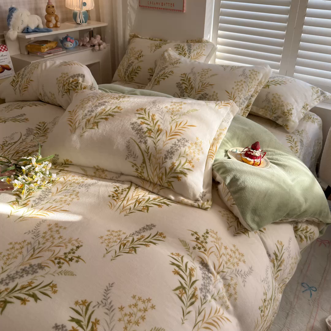 91家纺网 家纺一手货源 找家纺 名兮家居 2025新款卡通时尚风高克重印花牛奶绒四件套 仙草