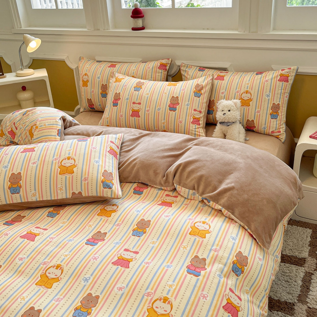 91家纺网 家纺一手货源 找家纺 羚羊语家纺 2025新款灯芯绒 温暖颂系列-印花牛奶绒四件套高克重简约卡通花卉提花加厚保暖床单床笠三件套（买家秀请联系客服!） 温暖颂-宠物乐园